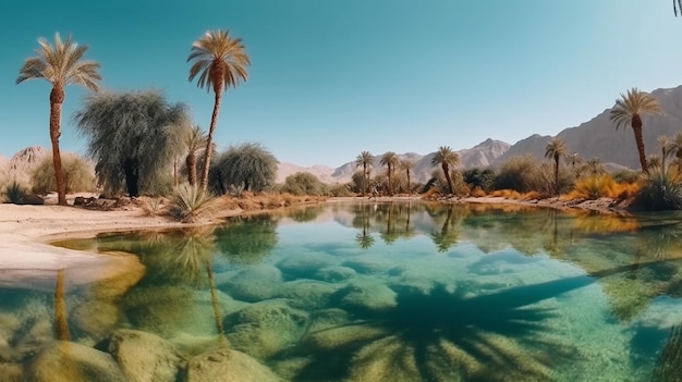 Foto un lago en el desierto con palmeras y montañas al fondo