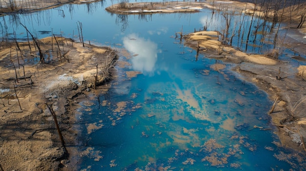 Un lago desierto una vez lleno de diversas especies de peces ahora reducido a unos pocos tristes y enfermos