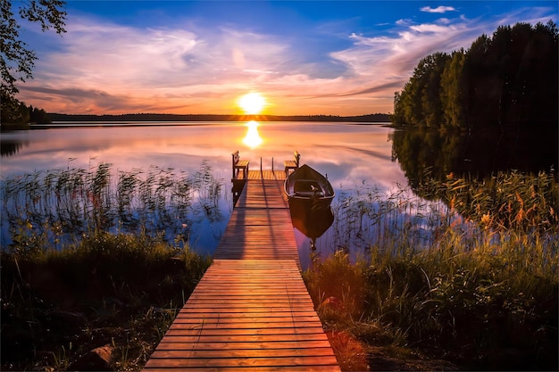 Lago do cais da Finlândia acima do cais do cavalete, juncos, barcos, paisagem colorida da lagoa