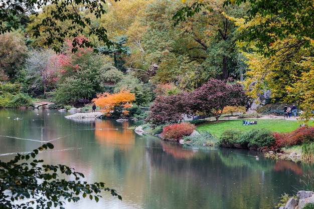 Lago do central park no outono as cores brilhantes do outono no parque à beira do lago nova york, eua