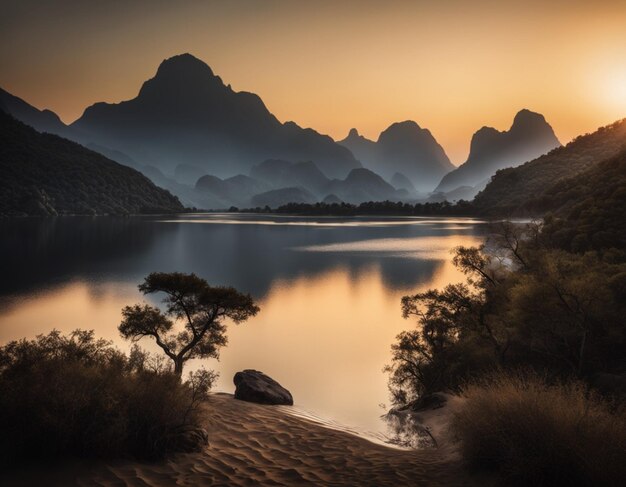 Foto lago e montanhas belas paisagens