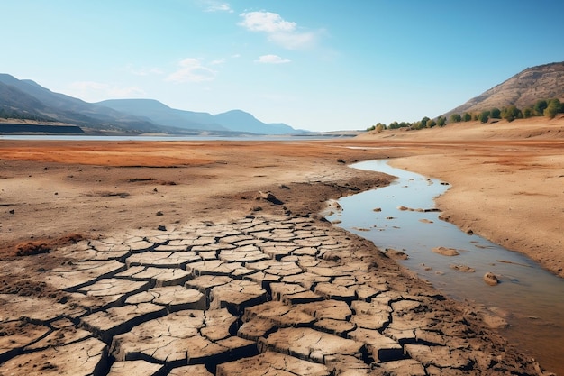 Lago e rio desertos na estação de verão quente sem chuva