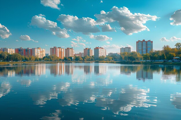 Foto un lago con edificios en el fondo y nubes en el cielo por encima de él y unos pocos árboles en el