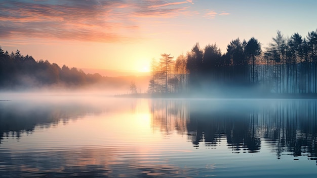 Lago enevoado ao amanhecer