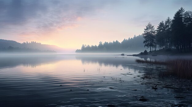 Lago enevoado ao amanhecer