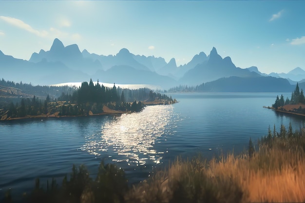 Lago entre montanhas na floresta de dia ensolarado ao redor da paisagem