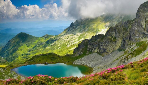 El lago está en lo alto de las montañas.