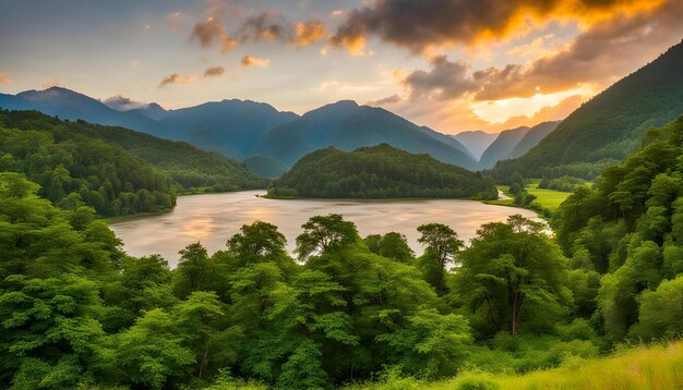 un lago está rodeado de montañas y árboles