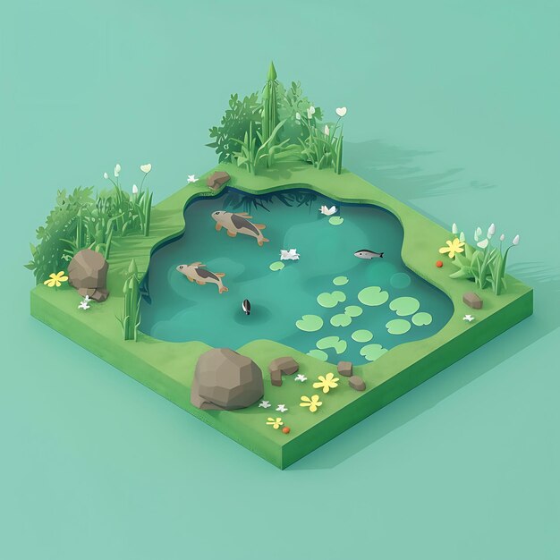 Foto lago eutrófico con flores de algas y escorrentía de fertilizantes simpl simpl isométrico arte 3d simple idea de paisaje