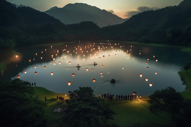 Un lago con farolillos flotando sobre él y el cielo iluminado por la noche.