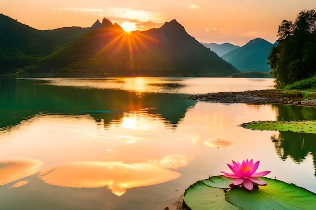 un lago con flores de loto y montañas en el fondo