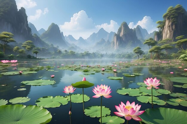 Un lago con flores de loto en primer plano y montañas en el fondo