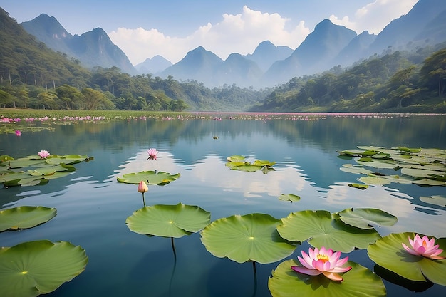 Un lago con flores de loto en primer plano y montañas en el fondo