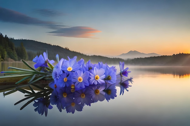 Un lago con flores moradas en primer plano y una montaña al fondo.