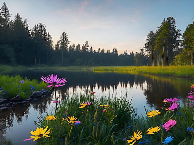 Un lago con flores en primer plano y un bosque al fondo.