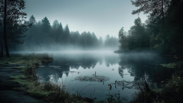 Un lago con un fondo brumoso y árboles en primer plano.