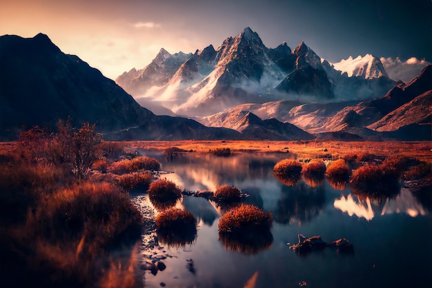 Lago de fondo de paisaje bajo la puesta de sol de las montañas