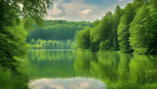 un lago forestal con un árbol en el fondo y un lago en el primer plano