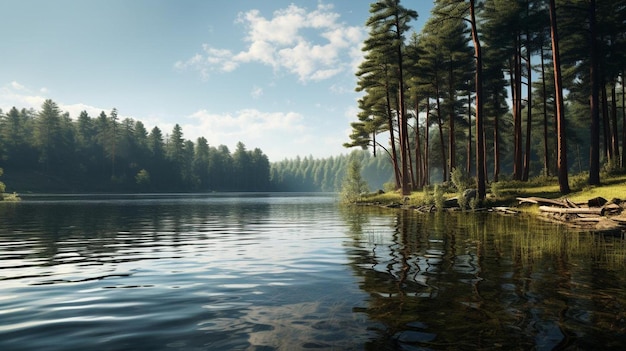 un lago forestal con un bosque en el horizonte