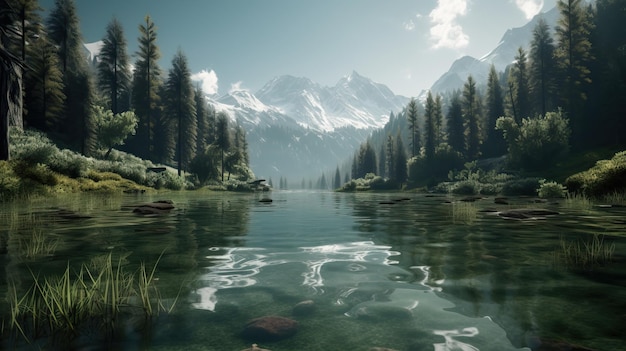 Un lago forestal con una montaña al fondo.