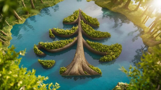 Foto un lago en forma de árbol en medio de una naturaleza sana y exuberante que sirve como una metáfora para una vida sostenible