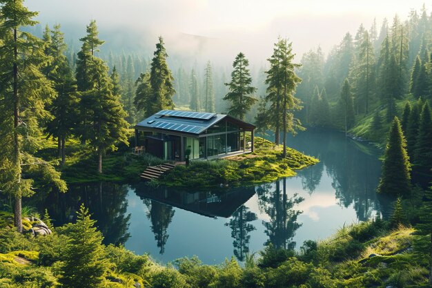 Un lago en forma de casa con paneles solares y baterías en medio de un bosque saludable