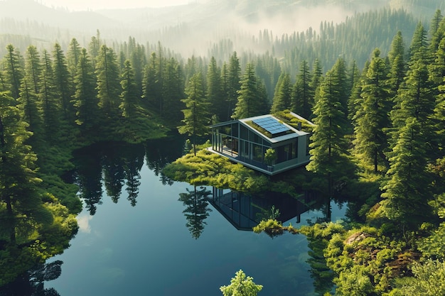 Un lago en forma de casa con paneles solares y baterías en medio de un bosque saludable