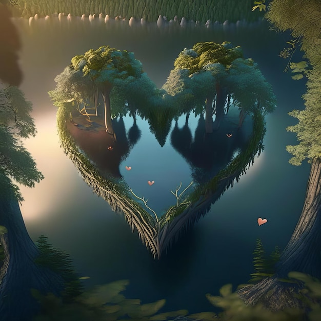 Lago en forma de corazón en el bosque generado por IA