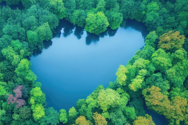 Un lago en forma de corazón en el bosque