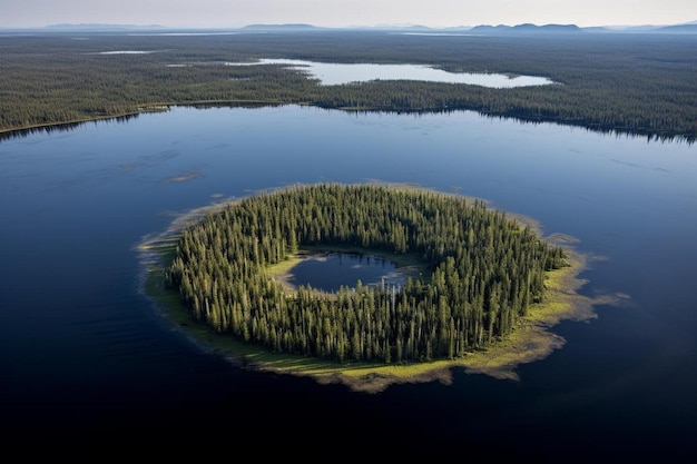 Foto un lago en forma de corazón rodeado de árboles y un lago con un agujero en forma de corazon en el medio