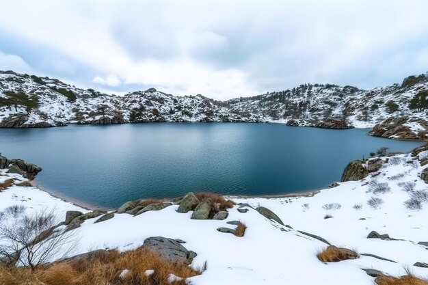 Lago frío rodeado de montañas con nieve en un día nublado