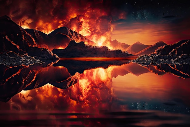 Lago de fuego con reflejo ardiente en las aguas