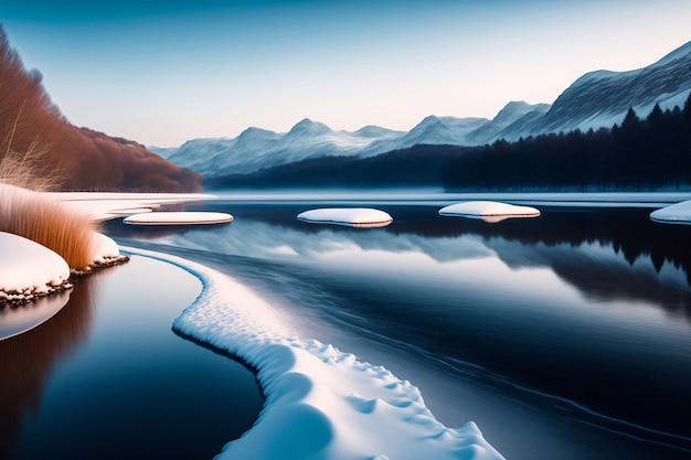 Un lago helado con una montaña al fondo