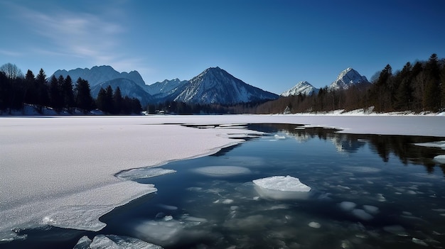 Un lago helado con una montaña al fondo