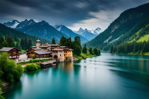 Un lago con una iglesia en la parte superior