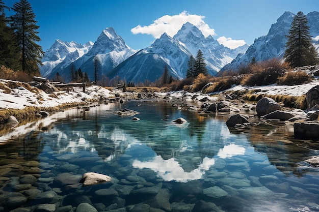 Lago imaculado cercado por imponentes picos cobertos de neve