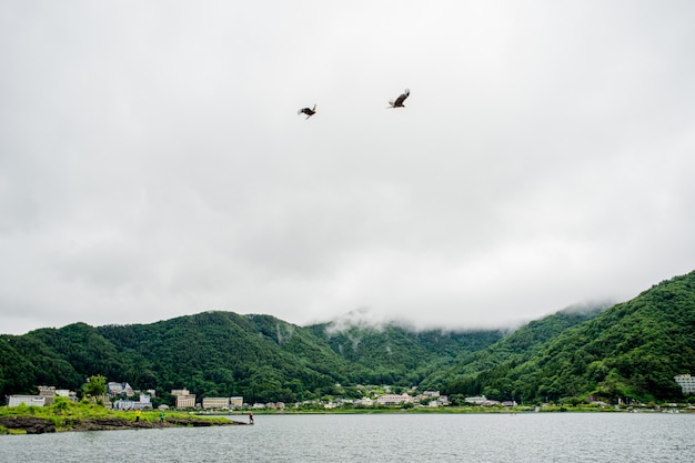 lago japonés cerca del monte fuji con hombre pescador