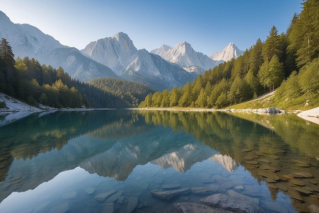 Lago Jasna com belos reflexos das montanhas Parque Nacional Triglav Eslovênia