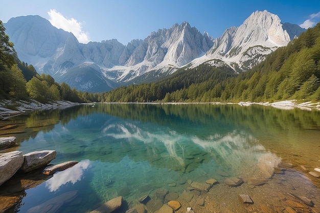 Lago Jasna com belos reflexos das montanhas Parque Nacional Triglav Eslovênia