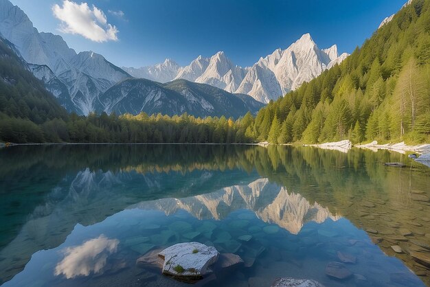 Lago Jasna com belos reflexos das montanhas Parque Nacional Triglav Eslovênia