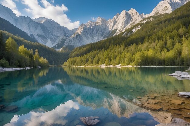 Lago Jasna con hermosos reflejos de las montañas Parque Nacional Triglav Eslovenia