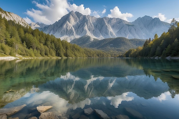 Lago Jasna con hermosos reflejos de las montañas Parque Nacional Triglav Eslovenia