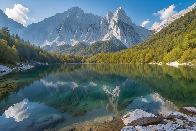 Foto lago jasna con hermosos reflejos de las montañas parque nacional triglav eslovenia