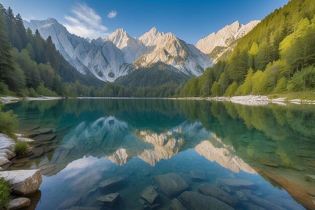 Foto lago jasna con hermosos reflejos de las montañas parque nacional triglav eslovenia