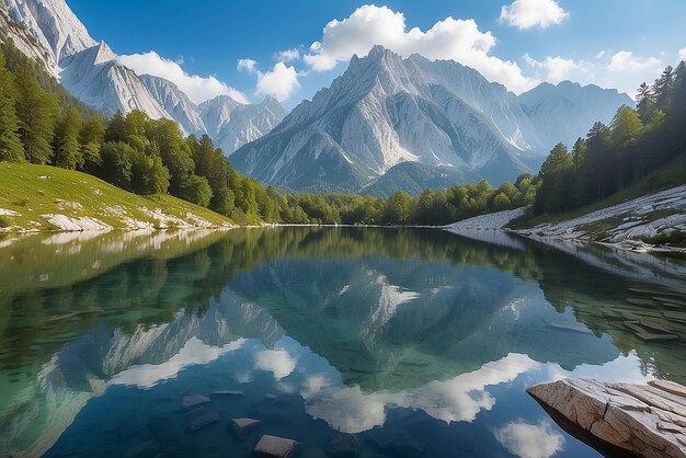 Foto lago jasna con hermosos reflejos de las montañas parque nacional triglav eslovenia