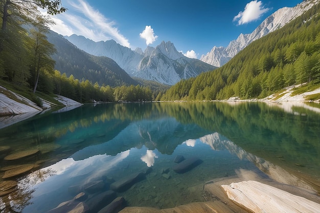 Lago Jasna con hermosos reflejos de las montañas Parque Nacional Triglav Eslovenia