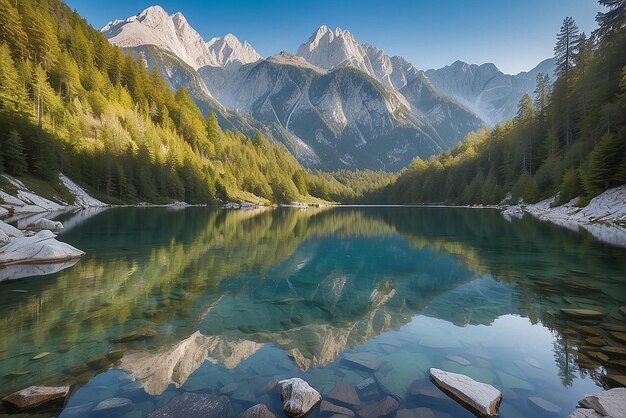 Foto lago jasna con hermosos reflejos de las montañas parque nacional triglav eslovenia