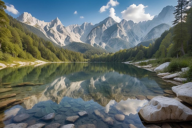 Lago Jasna con hermosos reflejos de las montañas Parque Nacional Triglav Eslovenia