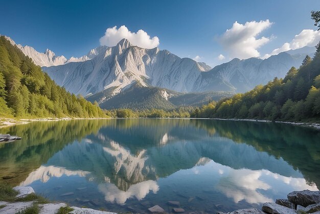 Lago Jasna con hermosos reflejos de las montañas Parque Nacional Triglav Eslovenia