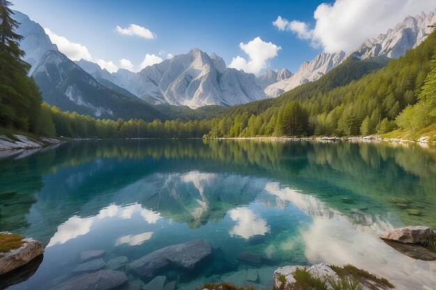 Lago Jasna con hermosos reflejos de las montañas Parque Nacional Triglav Eslovenia